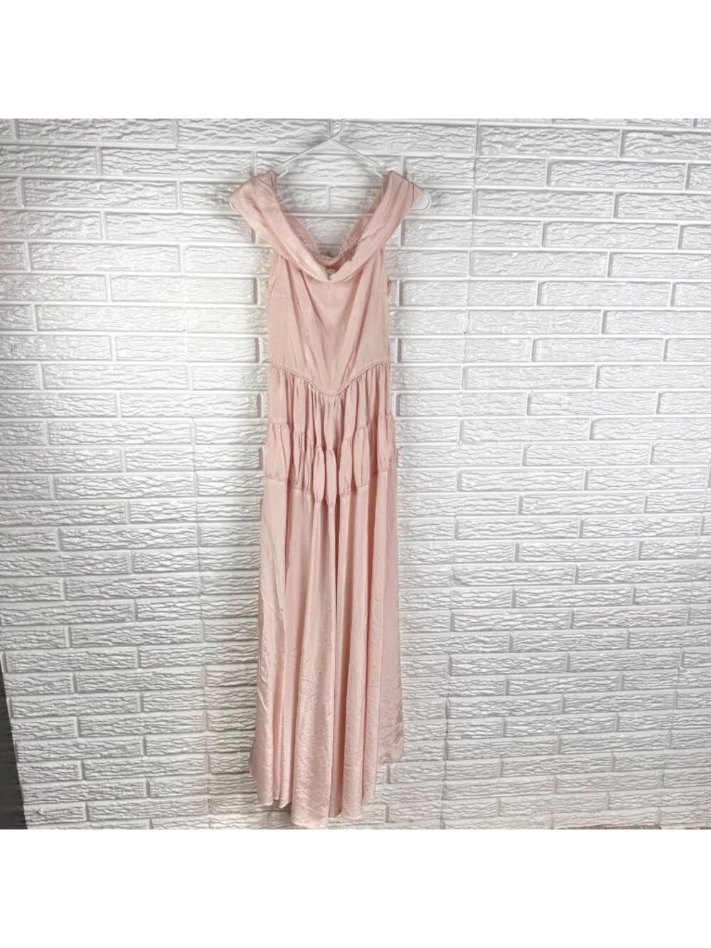 Vintage Pink Maxi Dress Off-the-Shoulder Draped Neckline Ruffled Waistline Small